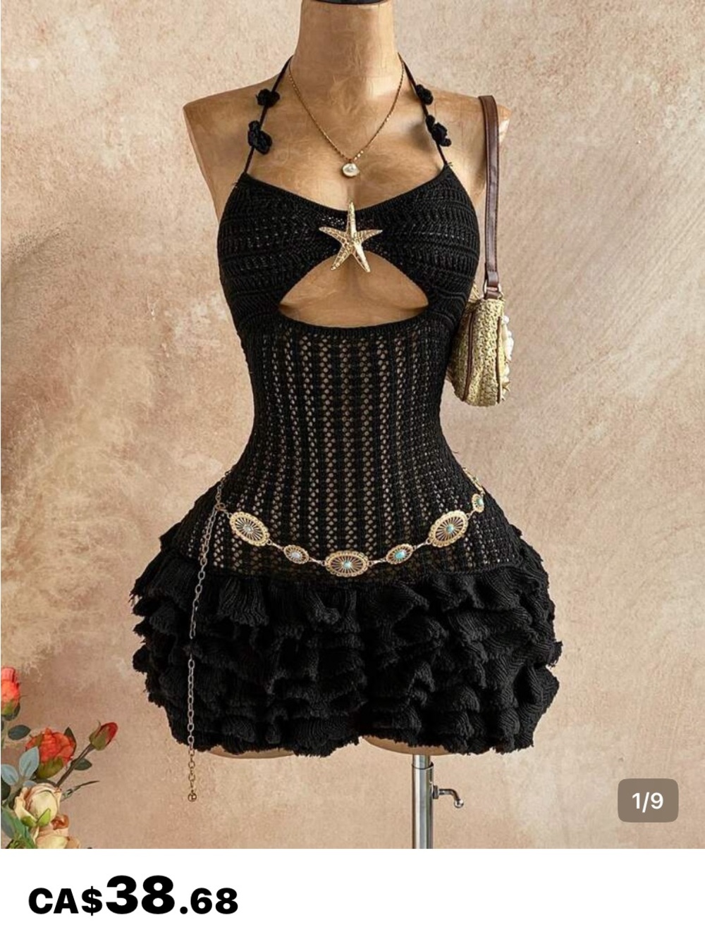 SHEIN Black Crochet Cutout Ruffle Mini Dress with Star Accent